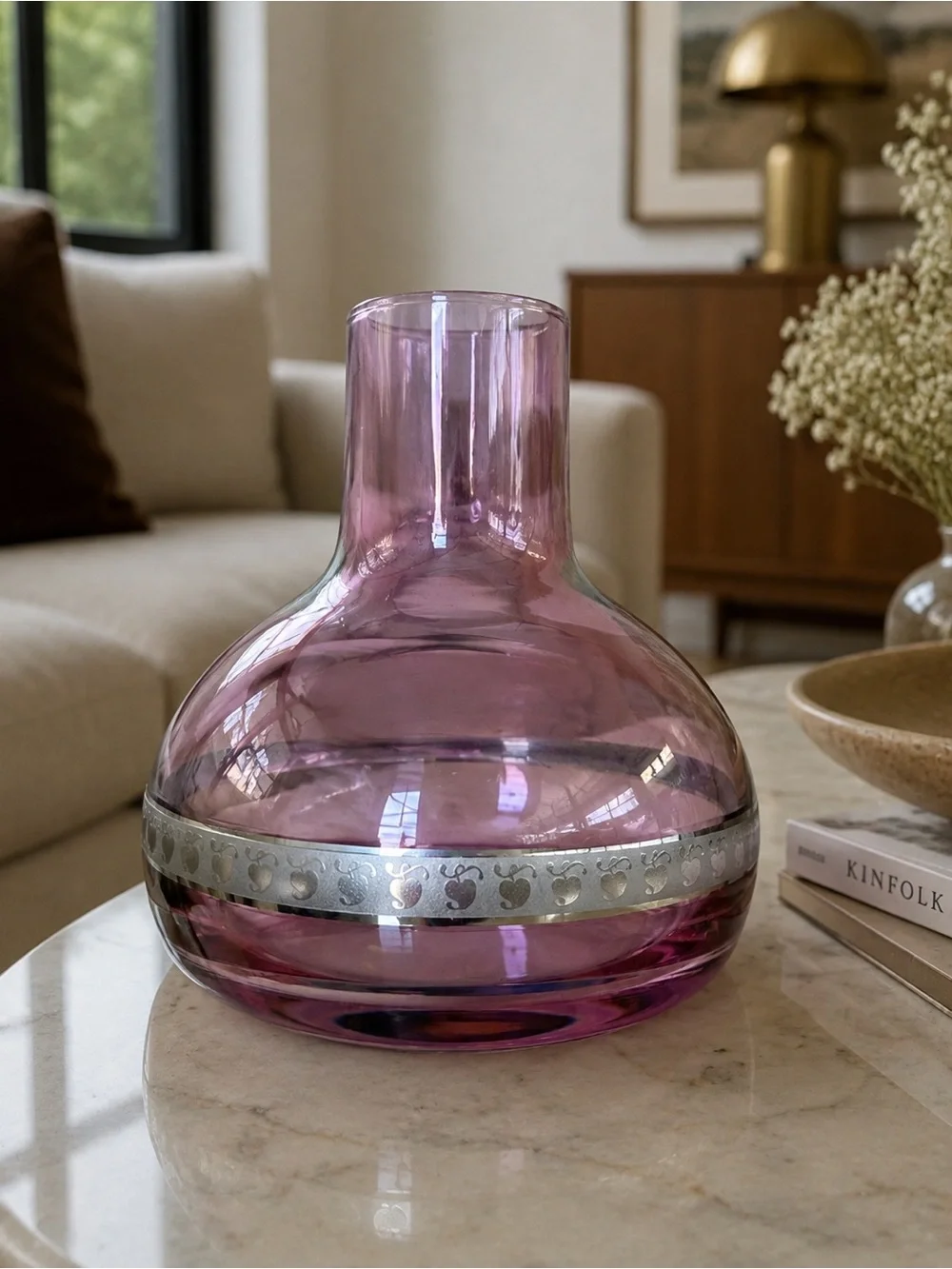 Vintage Pink Glass Decorative Vase with Silver Band